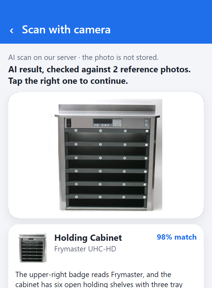 A real scan result: photo of a holding cabinet and the AI's top match with its reason