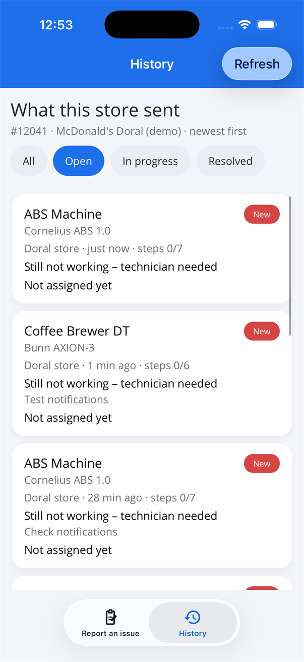 History screen: every report the store sent, with its status