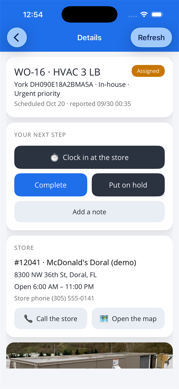 Job details with Clock in, Complete, Put on hold, the store's hours and phone
