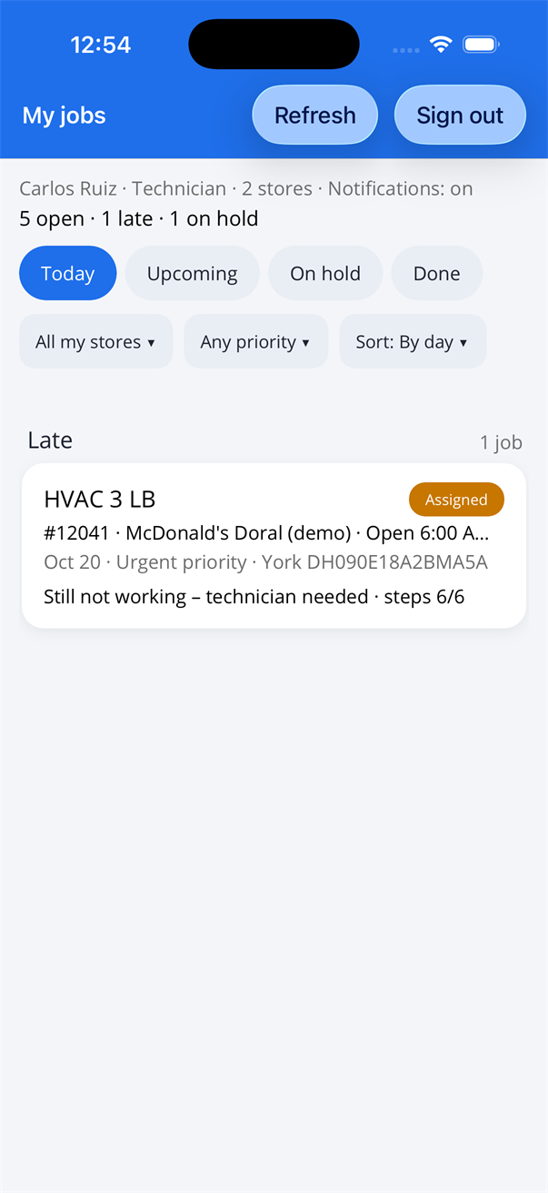 Technician's My jobs screen