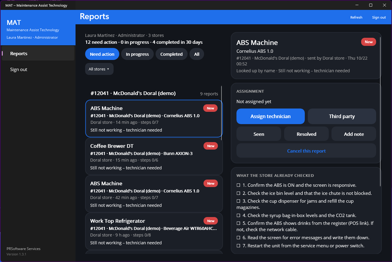 MAT on Windows: the reports on the left and the selected report, what the store checked and the actions on the right